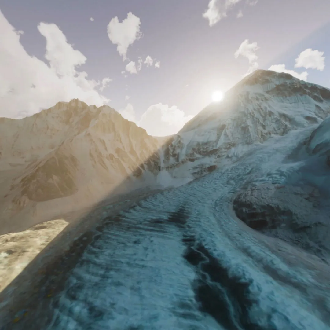 Framegrab from the visualization of 3D-data as the sun rises above Everest Base Camp.