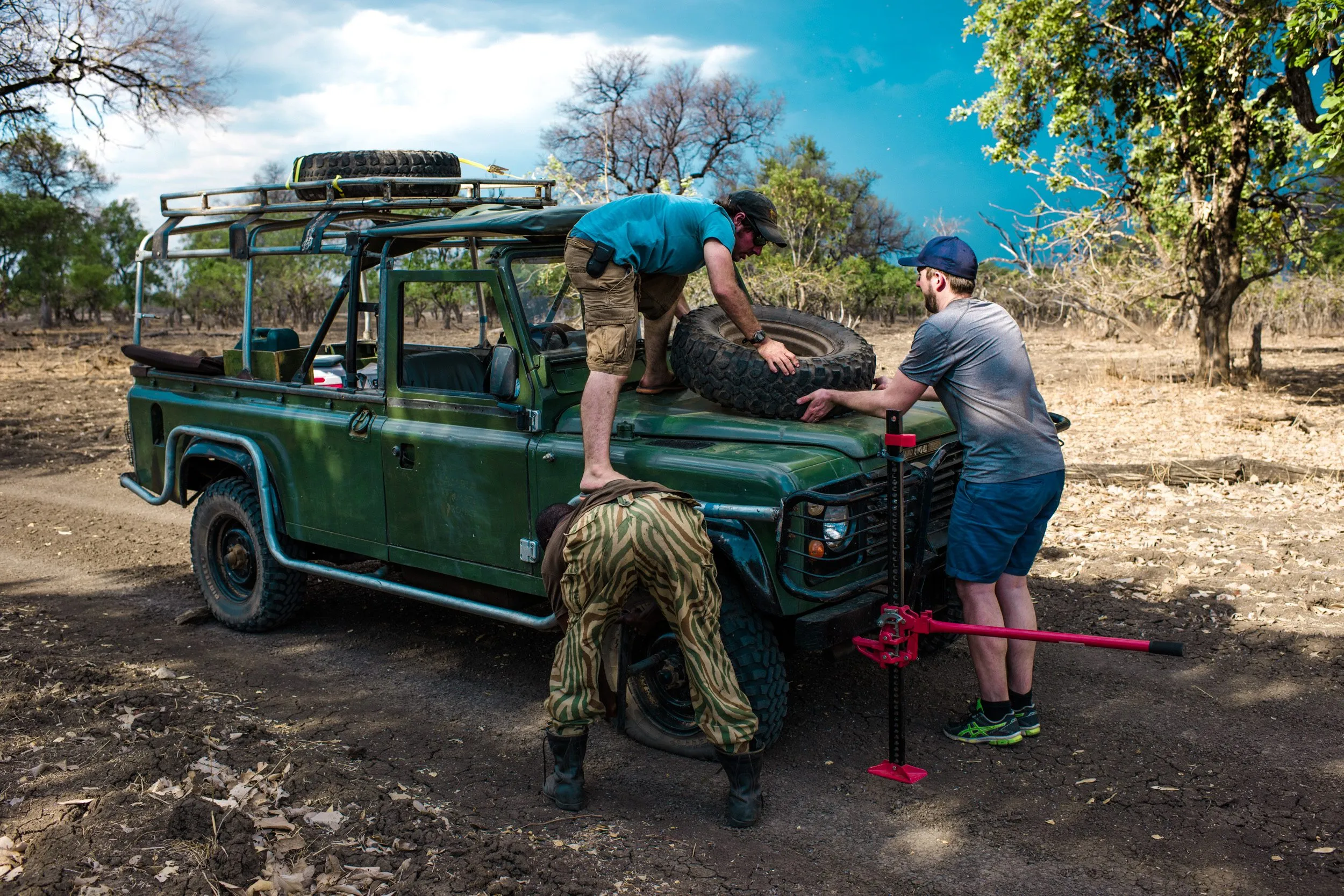 On the road in remote Zambia during the Lion VR 360 expedition.