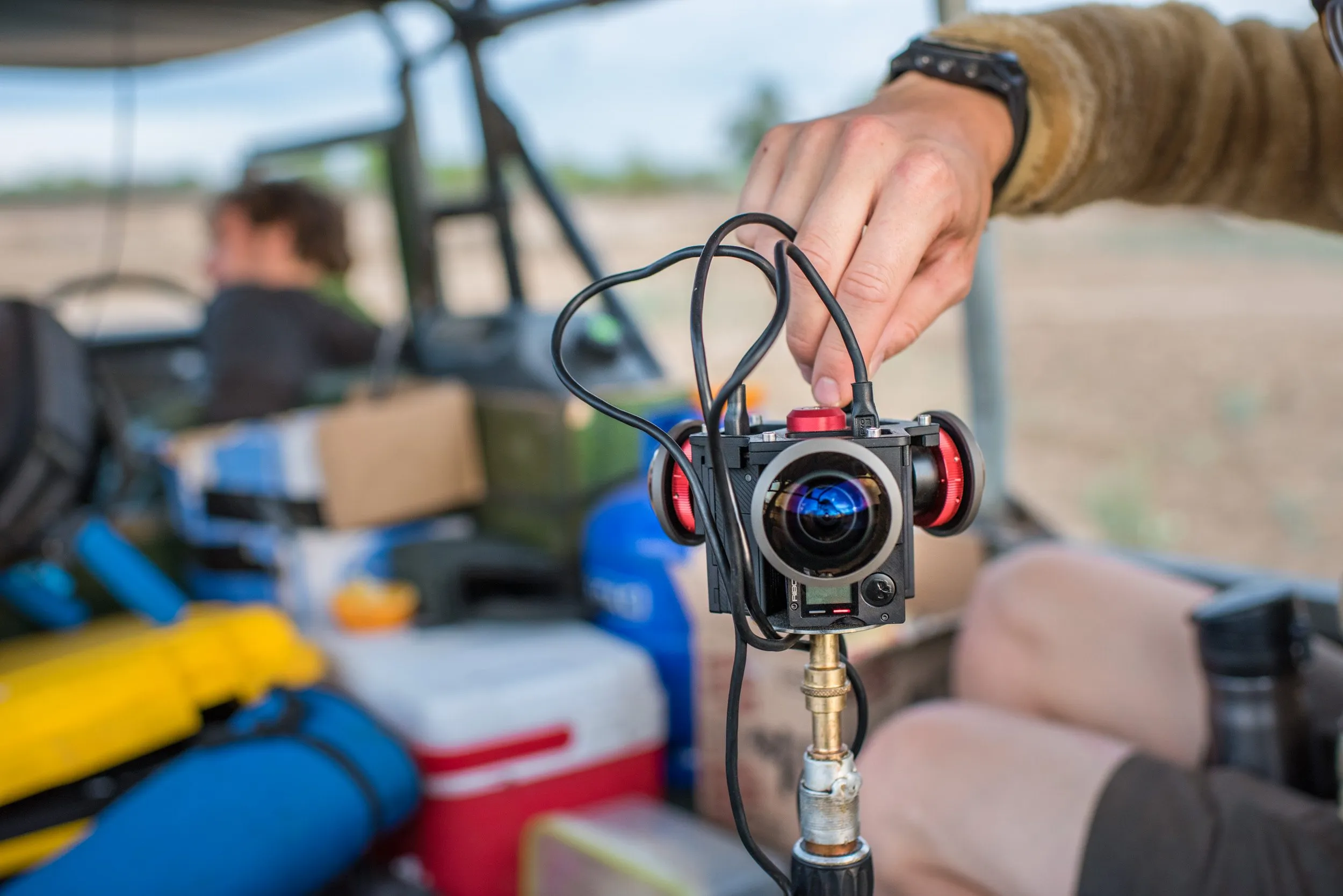 A custom-built 360-camera rig used by Martin Edström and his team to capture the first ever 360-video documentary inside a pride of wild lions.