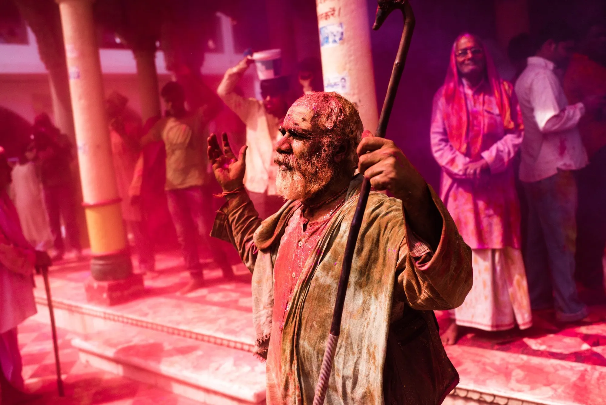 A face dusted in colour during the Holi festival of India.