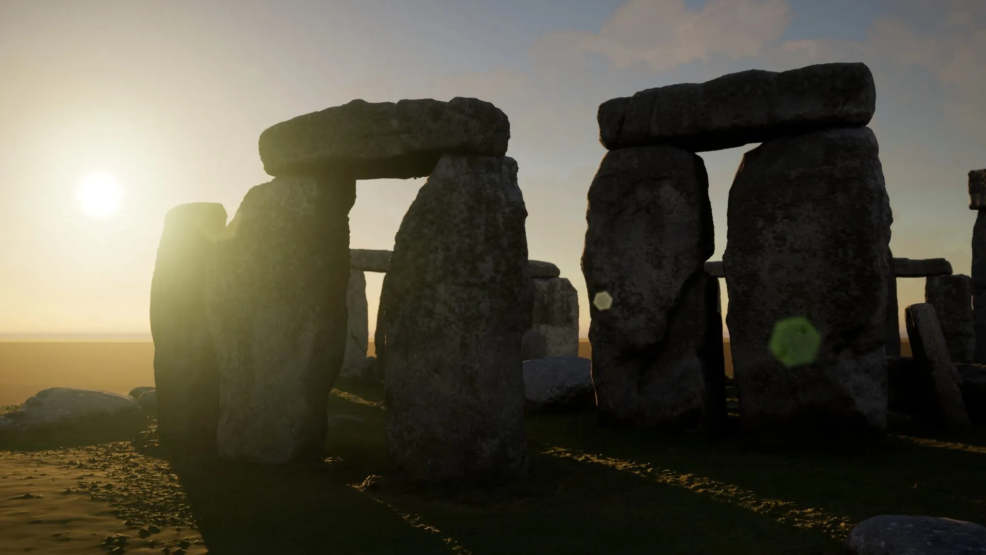 The same Stonehenge 3D-model rendered with simulated lighting in a 3D-software.