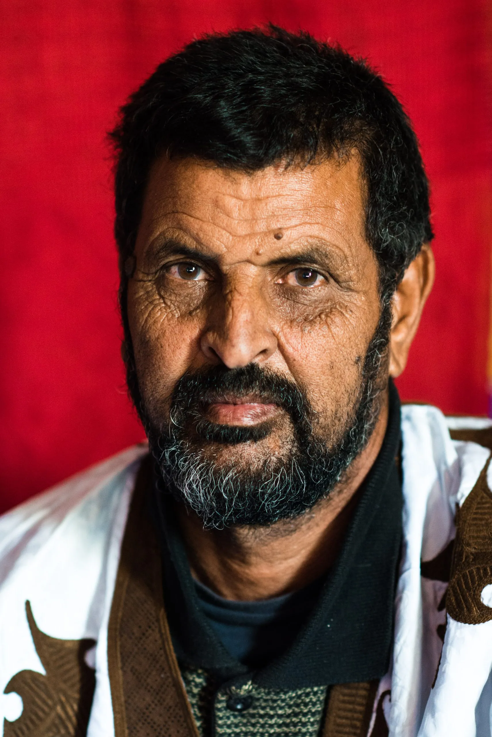 A close portrait of an older man with a greying beard against a red embroidered tapestry, in the Tindouf camp.