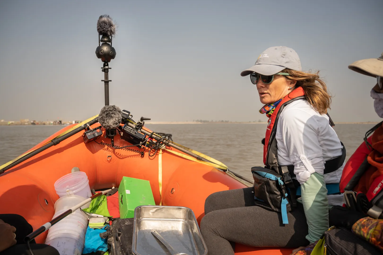 Expedition Co-Lead Heather Koldewey while being filmed with a 360-video camera for the series.