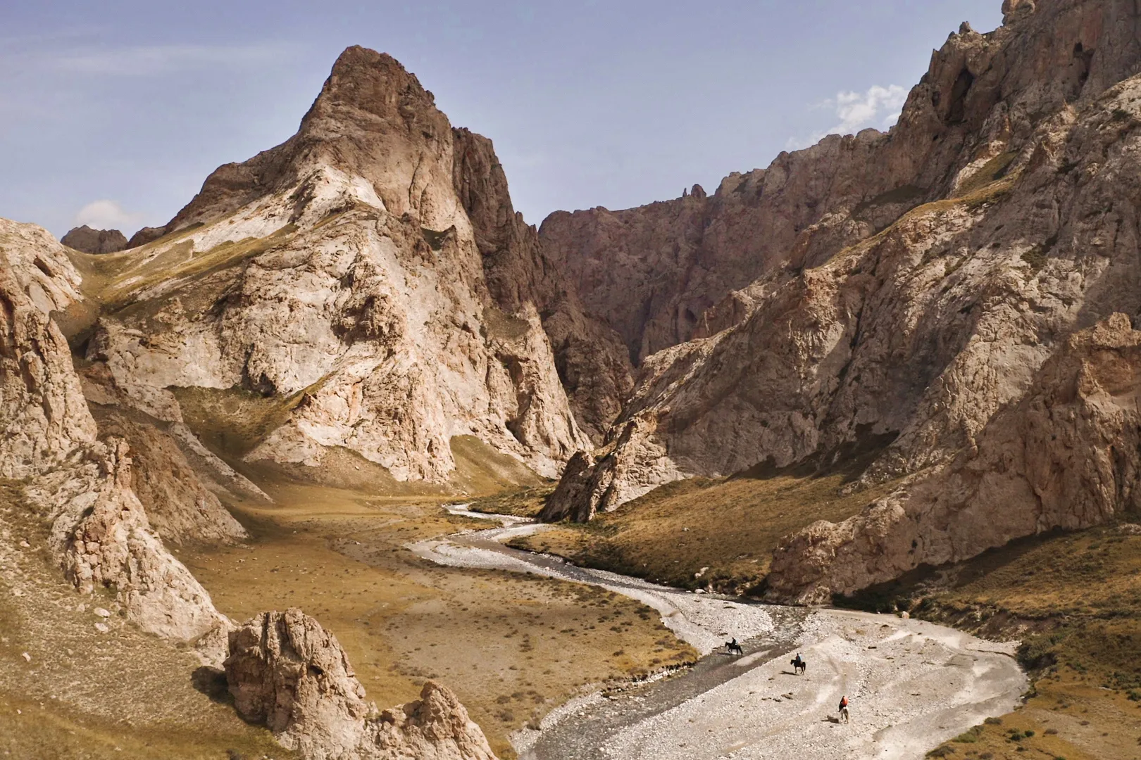 The drone scouting team riding into the Axay Uru valley during the Uncharted Caves of Kyrgyzstan expedition.