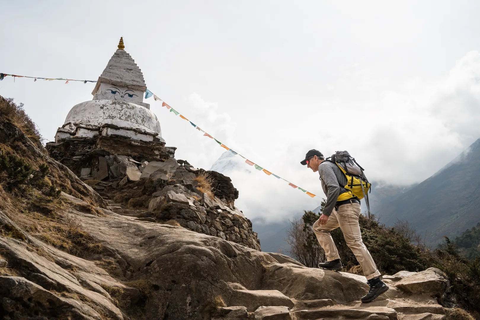 Pete Athans hiking up the Khumbu valley during the Everest VR expedition production.