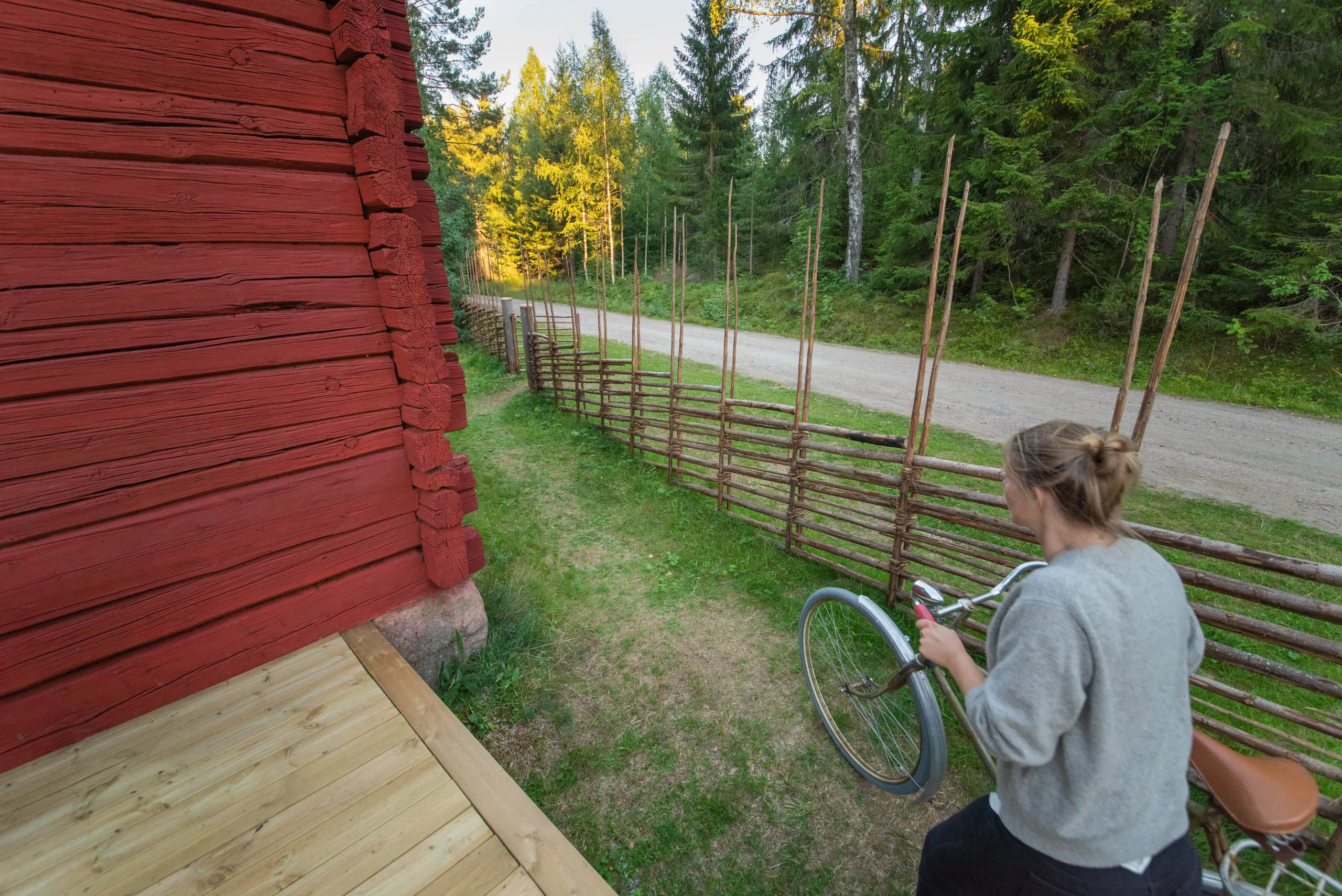 A woman in a grey sweater wheels a bicycle past a traditional Swedish split-rail fence beside a falu-red farm building, evening light in the forest behind.