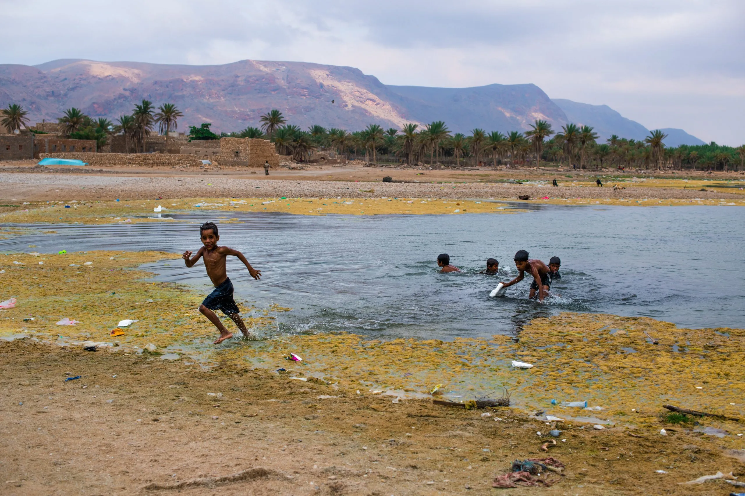 Children play and swim in a freshwater pool fringed by date palms and mountains, with plastic litter scattered along the shore.