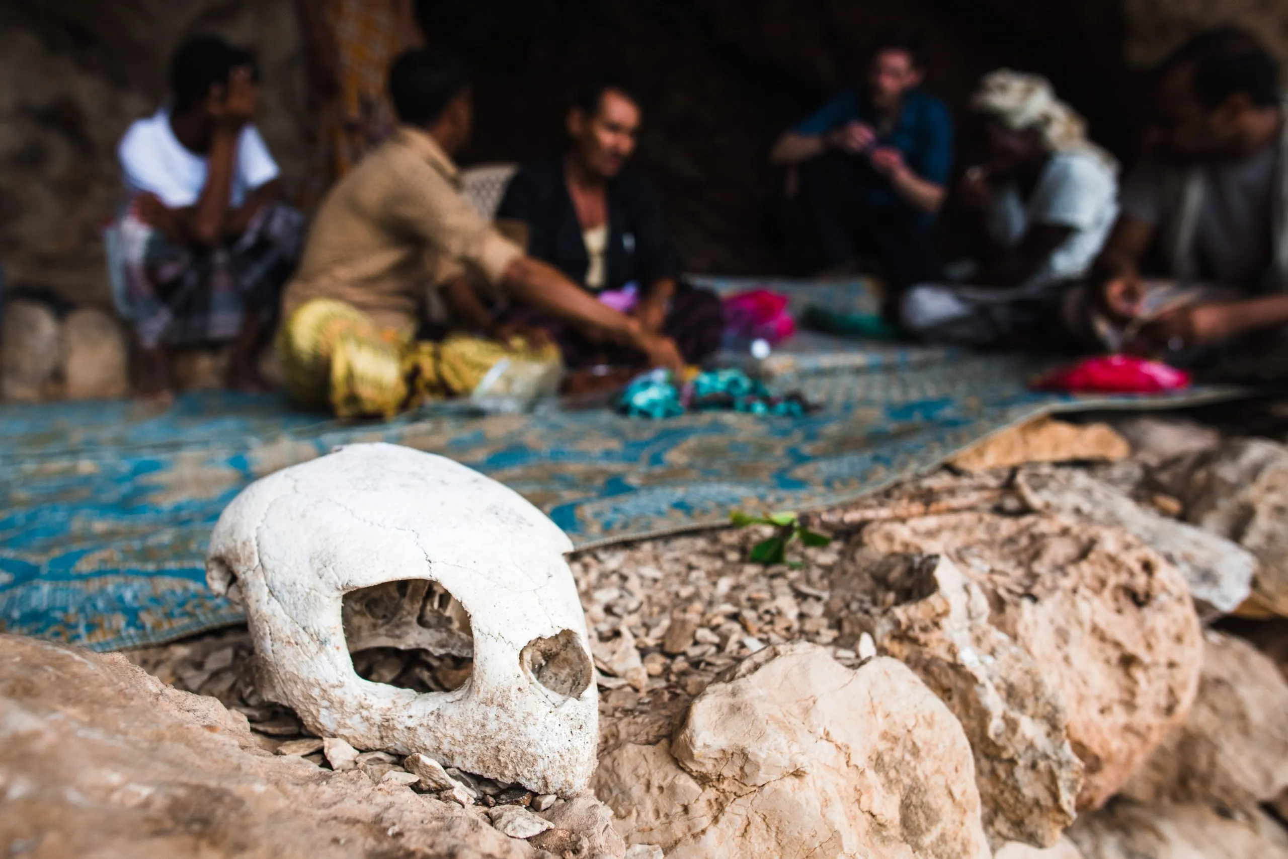 A bleached marine skull rests on stones in the foreground while a group of Socotri men sit on patterned mats inside a rock shelter behind.