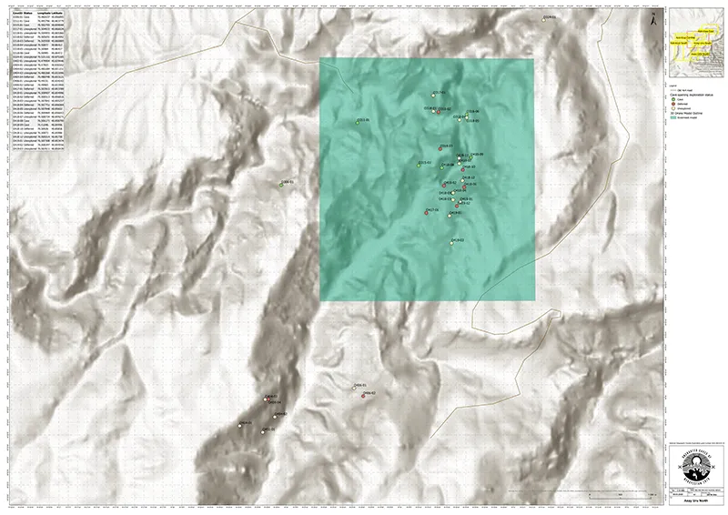 One of the database maps created during the expedition, indicating cave openings, caves and the large area that was fully 3D-scanned during the expedition.