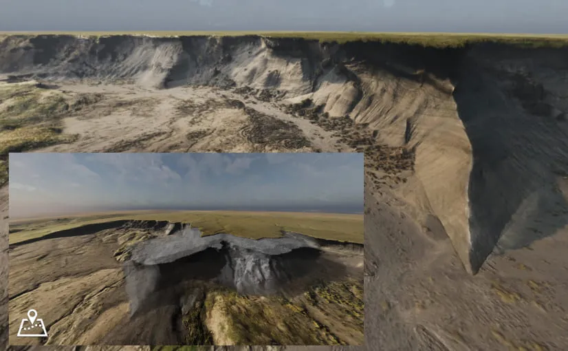 A 3D-rendered cliff face from the WebXR experience, derived from photogrammetry of Qikiqtaruk.