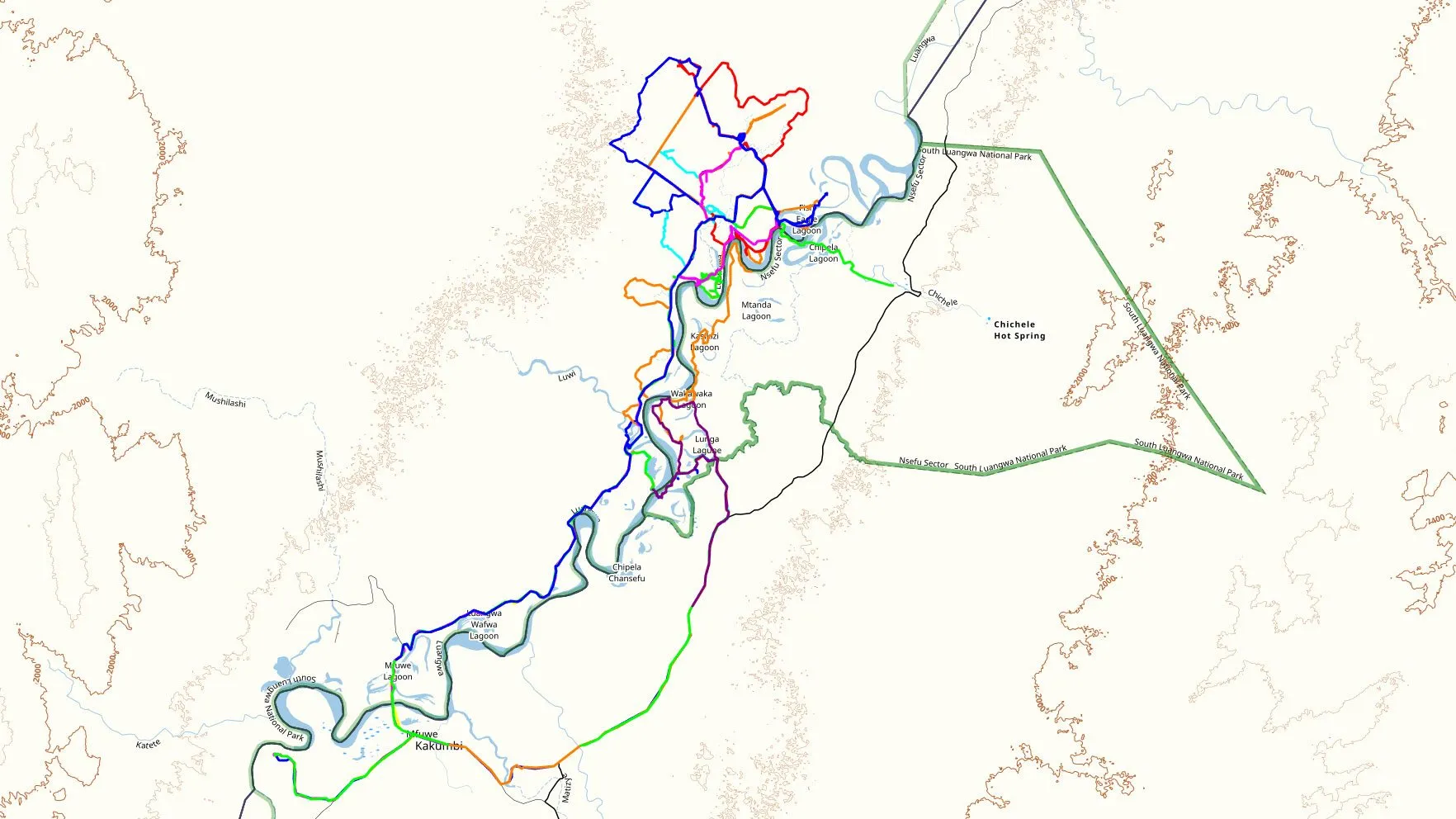 Map of the Lion VR 360 expedition area in South Luangwa National Park, Zambia.