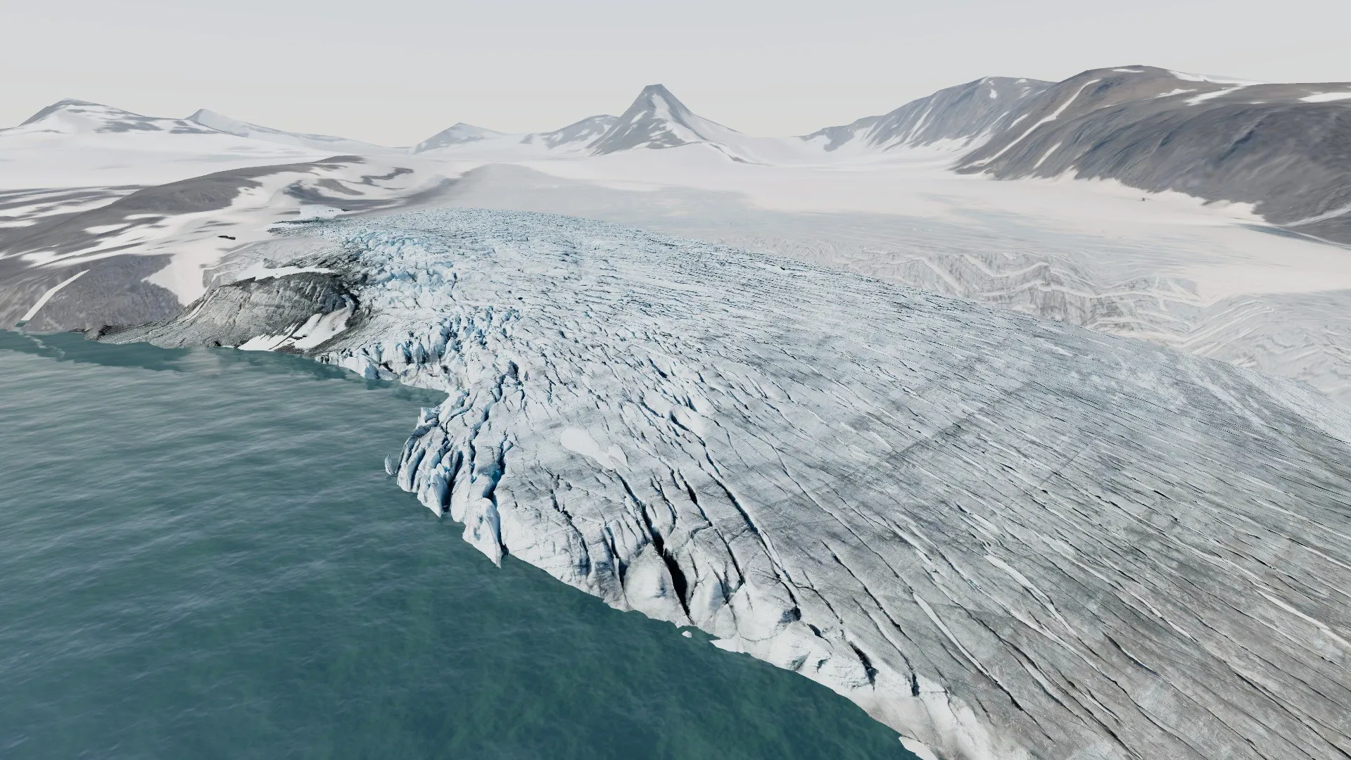 A real-time 3D scan of the Sálajiegna glacier in Swedish Lapland, its crevassed calving front meeting a meltwater lake below snow-covered mountains.